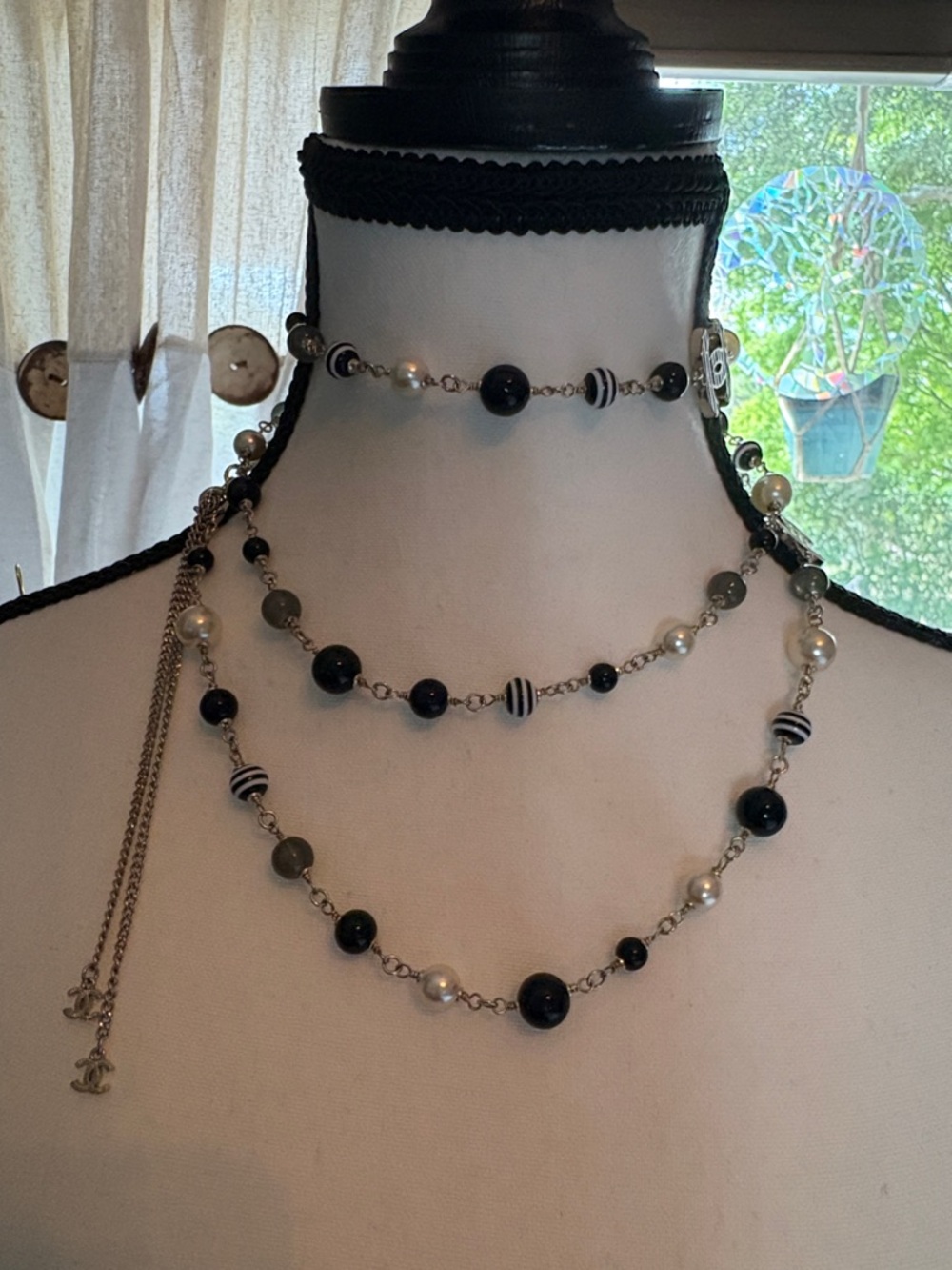 CHANEL Black White Pearl and Silver Tone Long Station Necklace